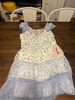 Sugar Light Blue and White Floral Tiered Girls Dress